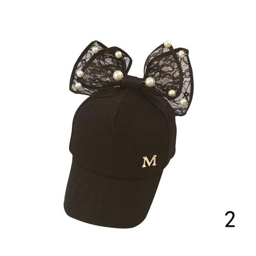 Spring Summer Children Baseball Cap Girls Snapback Hip Hop Caps Rabbit Ear Pearl Big Bow Kids Sun Hat