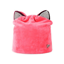 Load image into Gallery viewer, Women Caps Autumn Winter Velvet Beanie Sweet Cute Animal Cat Ear Hat Shiny Rhinestones Warm Cap Skullies Kawaii Bonnet Headwear