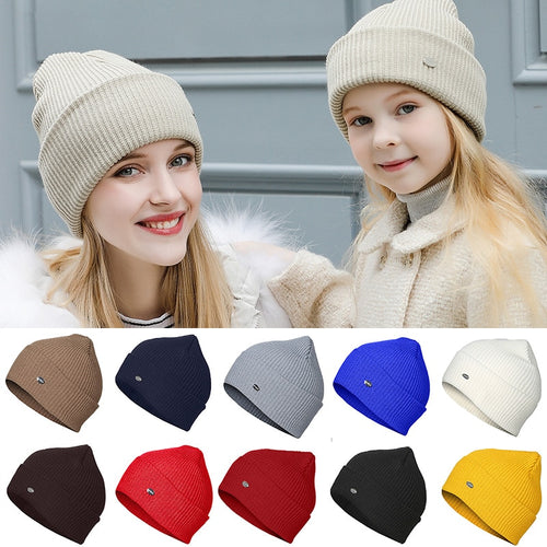 New Fashion Women Family Stretch Beanies Roll-Up Brim Knitted Hat Solid Color Ribbed Skullies Baggy Winter Warm Bonnet Caps