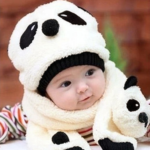 2019 Autumn Winter Kids Caps Toddler Girl Boy Cute Panda Hat Scarf Set Fleece Beanie Warm Cap Unisex Two-Piece Set Bobble Hat